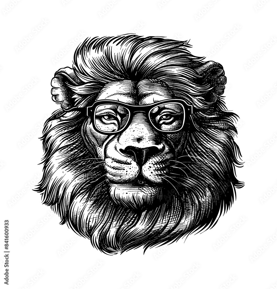 Fototapeta premium lion, wears black framed eyeglasses engraving black and white outline