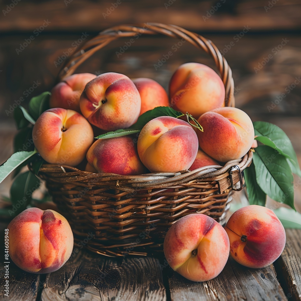 Basket of Ripe and Juicy Peaches on Rustic Wooden Surface Basket of Ripe and Juicy Peaches on Rustic Wooden Surface