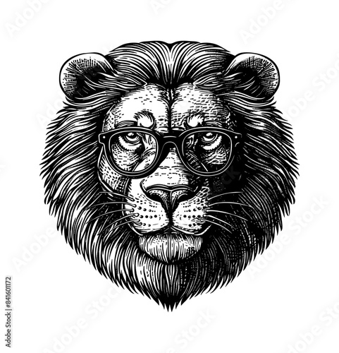 lion, wears black framed eyeglasses engraving black and white outline