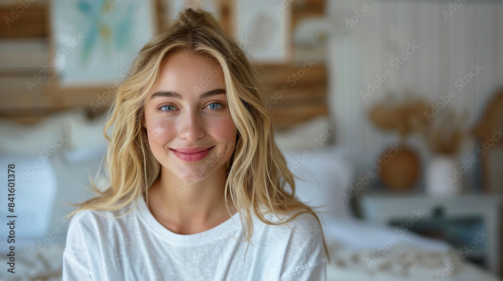 a woman with blonde hair and a white shirt is smiling. generativa IA