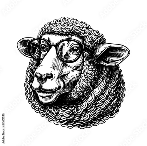 sheep, wears black framed eyeglasses engraving black and white outline