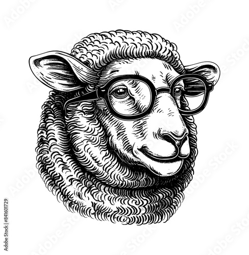 sheep, wears black framed eyeglasses engraving black and white outline