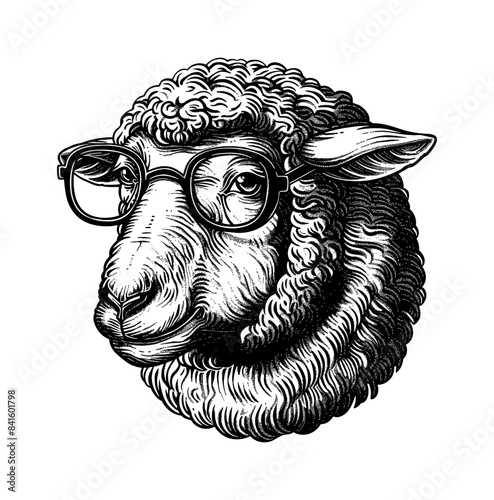 sheep, wears black framed eyeglasses engraving black and white outline