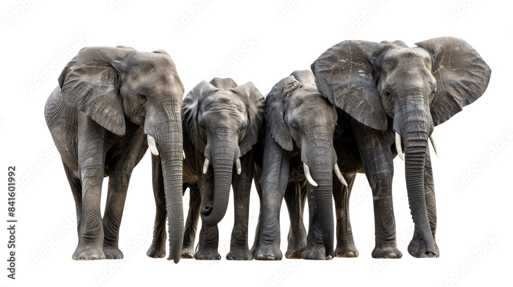 Fototapeta premium A group of elephant isolated on white transparent background, PNG File. Perfect for clipart