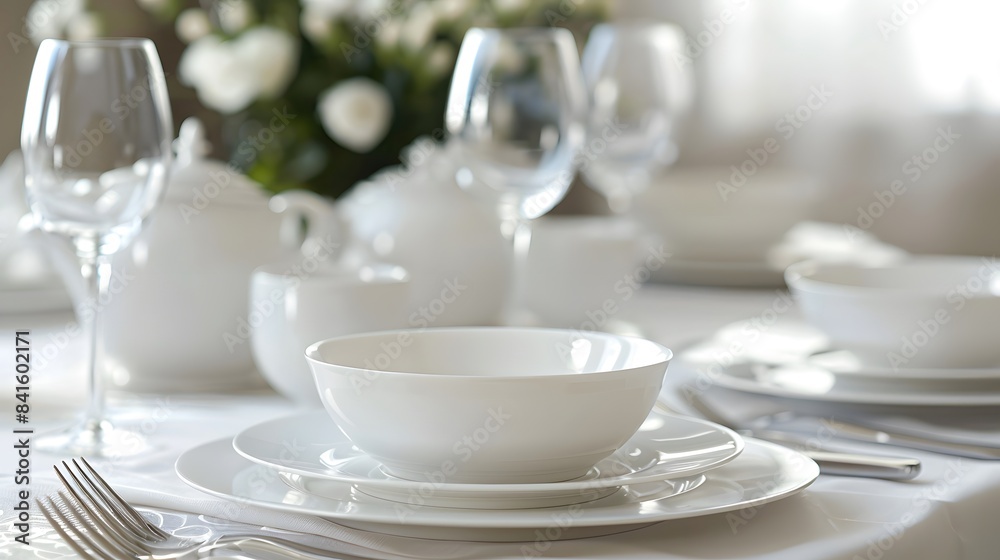 A set of polished white dinnerware displayed elegantly on a white tablecloth, Generative AI A set of polished white dinnerware displayed elegantly on a white tablecloth, Generative AI