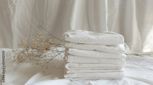 A stack of freshly laundered white shirts against a clean backdrop, Generative AI