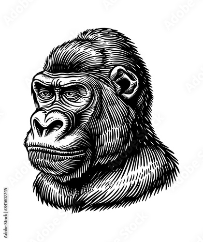 gorilla, head portrait engraving black and white outline