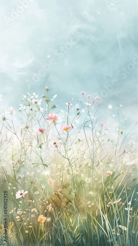 Delicate Watercolor Scene of Summer Meadow with Wildflowers