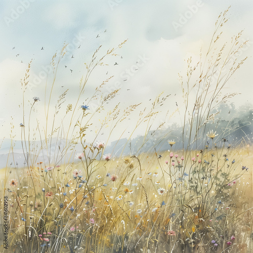 Delicate Watercolor Scene of Summer Meadow with Wildflowers