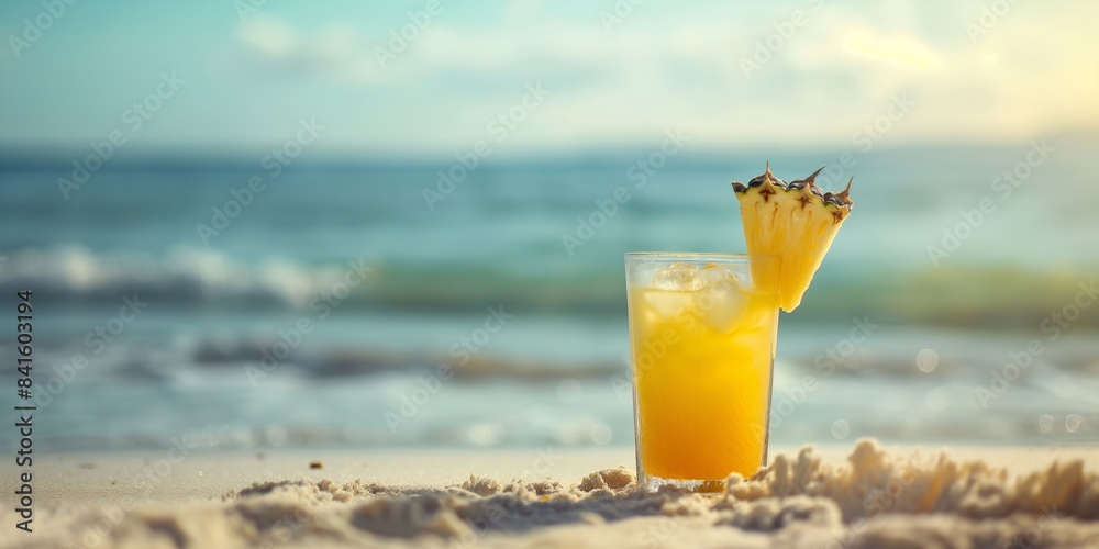 Obraz premium Pineapple cocktail on a sandy beach with ocean and sky in the background. Summer and vacation concept. Design for poster, advertisement, and greeting card. Closeup view for banner with copy space. 