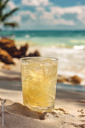 Pineapple cocktail on a sandy beach with ocean and sky in the background. Summer and vacation concept. Design for poster, advertisement, and greeting card. Closeup view for banner with copy space. 