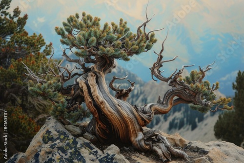 Twisted bristlecone pine tree on rocky terrain, with distant mountain landscape at twilight photo
