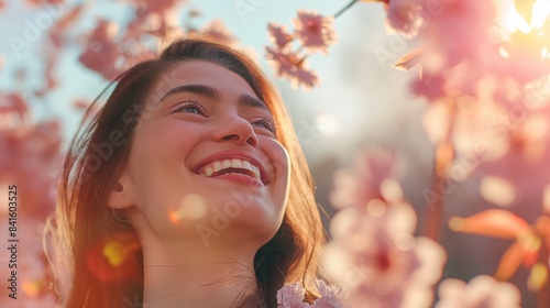 Happy young woman in spring or summer enjoying life nature and pink flowers in bloom outdoors smiling cheerfully