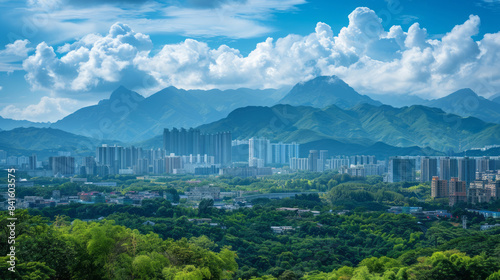 Panoramic view of Shenzhen Nanshan Houhai area with mountains photo
