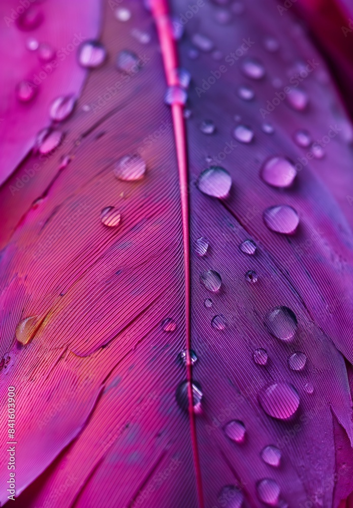 Fototapeta premium Close-up photograph of colorful feathers with water droplets. Nature and texture theme. Design for print, poster, and greeting card.