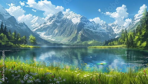 Breathtaking alpine landscape featuring serene lake, majestic mountains, lush greenery, and clear blue skies, perfect for nature and outdoor enthusiasts.