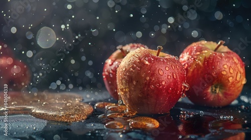 Festive backdrop with apples on dark surface enhanced with honey and dew photo