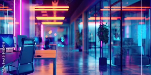 Blurred office copyspace background with desk and chair with pink and yellow neon lights AI generative image
