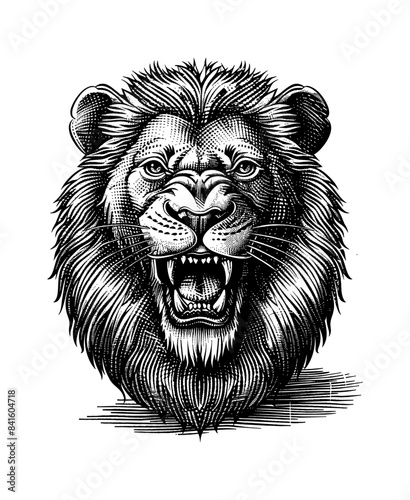lion, angry open mouth head portrait engraving black and white outline