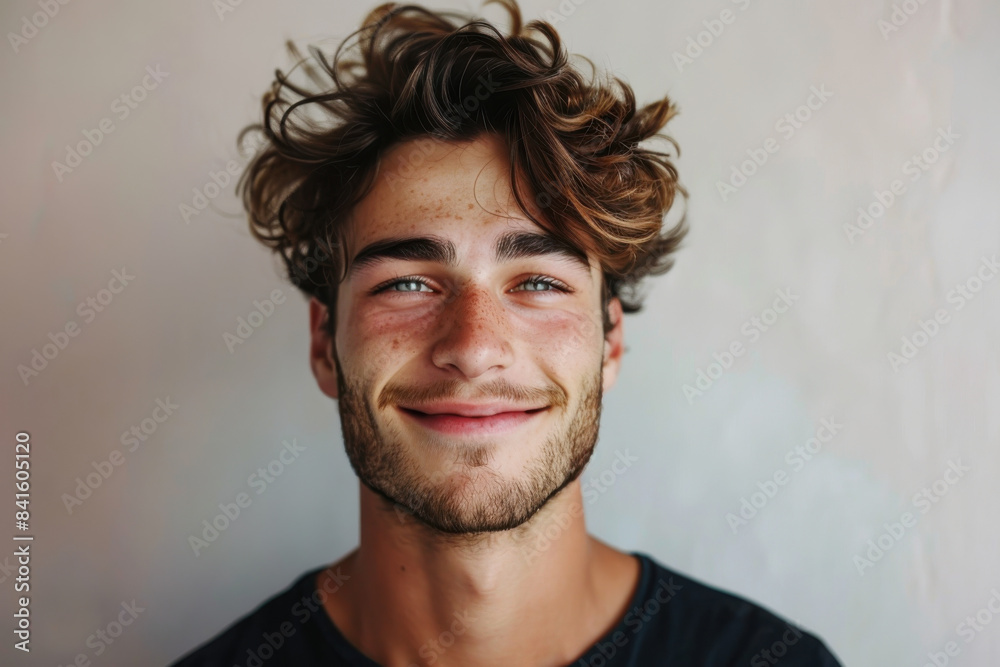 A close up portrait of a young man with a subtle smile A close up portrait of a young man with a subtle smile