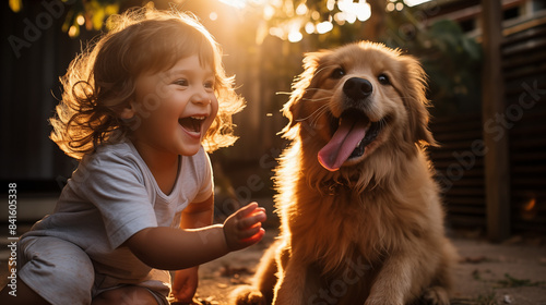 Joyful Child and Energetic Dog Playing in Backyard