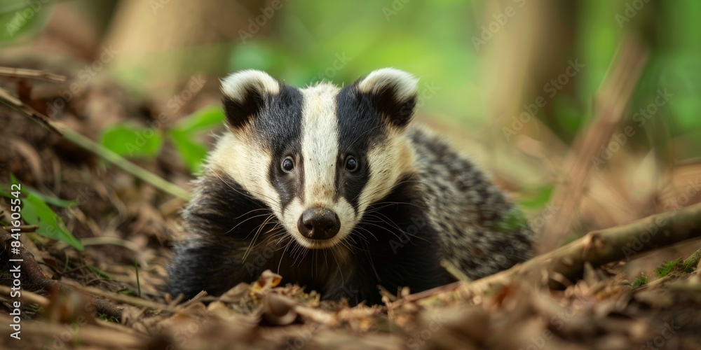 Badger, sitting in the woods looking at the camera. Badger, sitting in the woods looking at the camera.