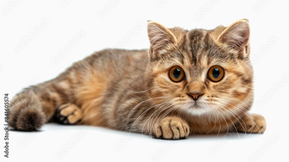 Adorable close-up of a curious scottish fold tabby cat kitten big eyes, paws stretched forward, against a white background.
Adorable close-up of a curious scottish fold tabby cat kitten big eyes, paws stretched forward, against a white background.