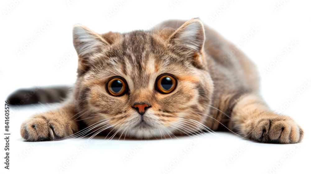 Obraz premium Adorable close-up of a curious scottish fold tabby cat kitten big eyes, paws stretched forward, against a white background. 
