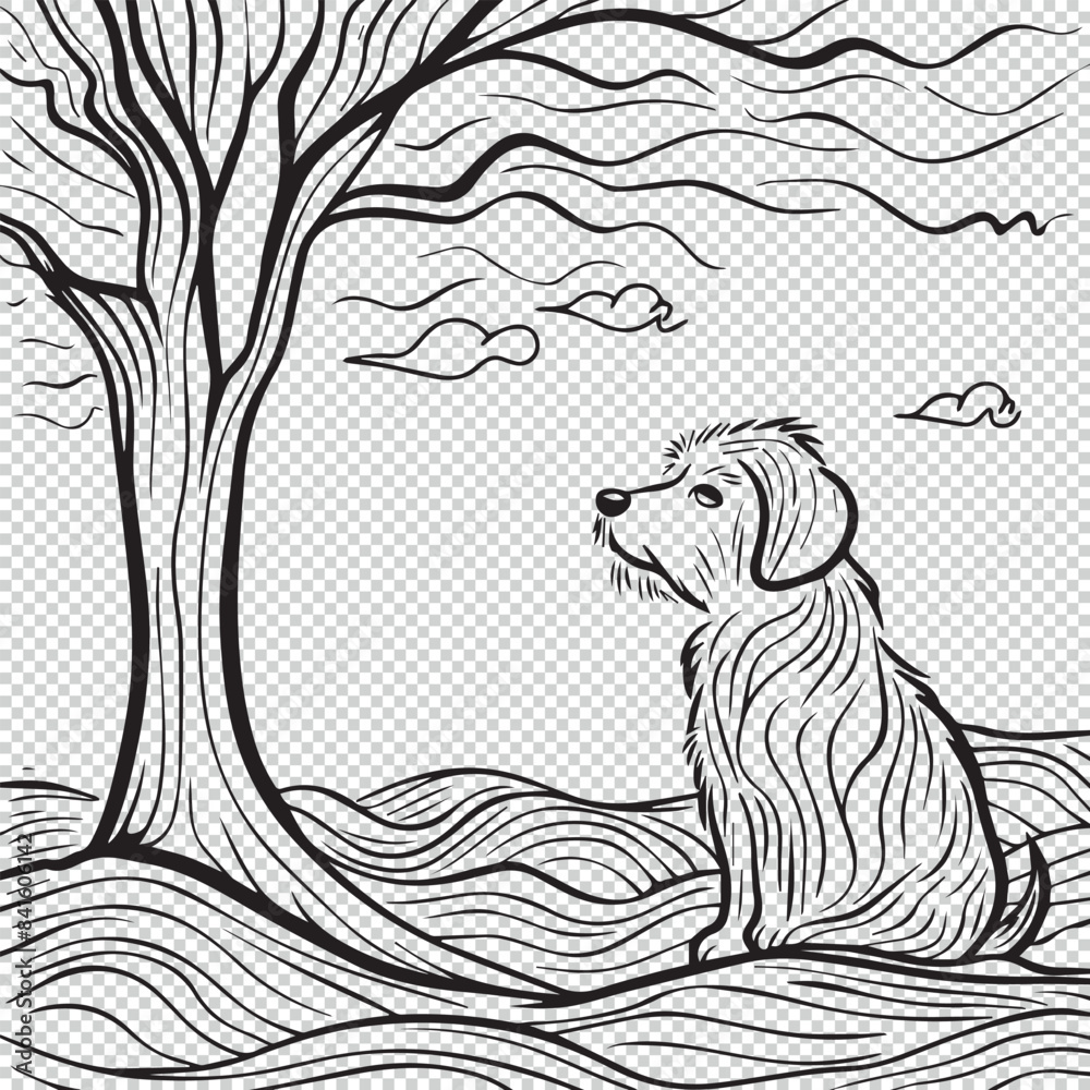 Fototapeta premium Dog, tree and landscape for kids coloring pages, black vector illustration on transparent background