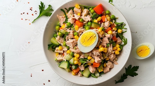 Tuna salad with egg, vegetables and corn in a white bowl, white background, top view. AI Generative photo