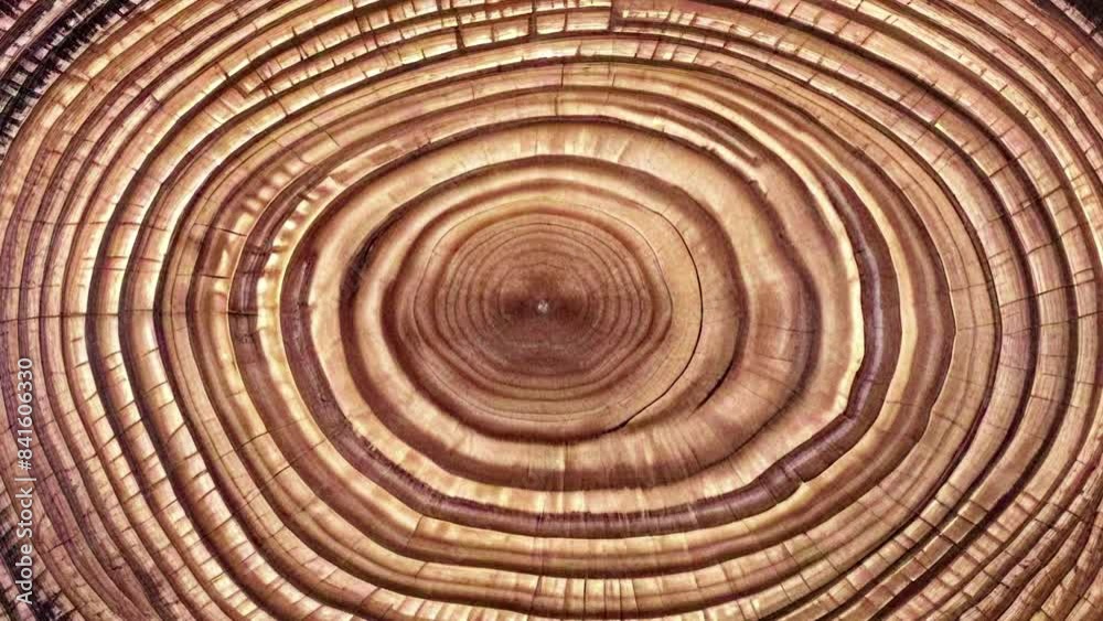 a tree trunk cross-section move or cause to move in a circle around an axis or center	revealing detailed growth rings that radiate outward from the center.