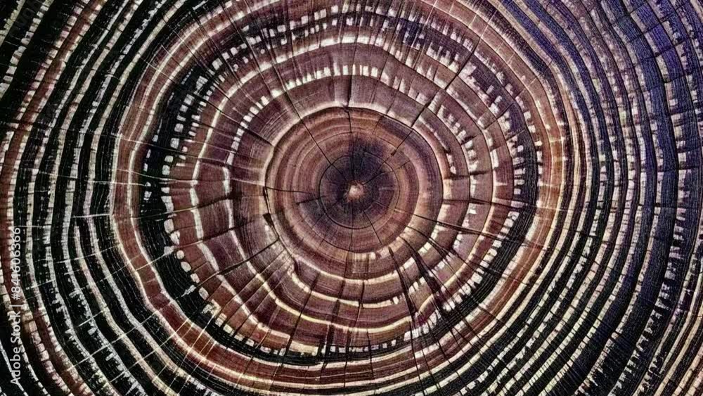 Move or cause to move in a circle around an axis or center. A close-up view of a tree trunk cross-section, revealing detailed growth rings that radiate outward from the center.