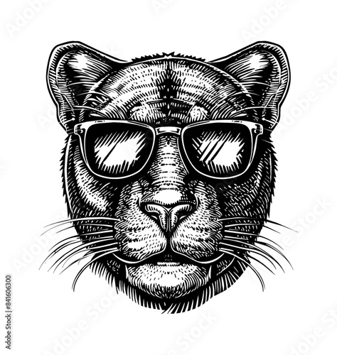 panther, wears sunglasses engraving black and white outline