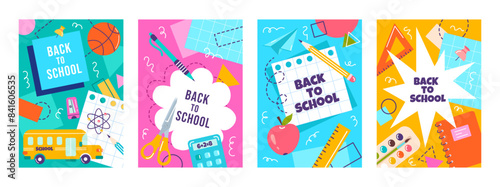 Vector posters set in trendy style with geometric shapes, design elements on school themes. Back to school, education concept