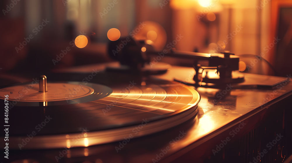 Naklejka premium A record player sits on a table with a lamp next to it