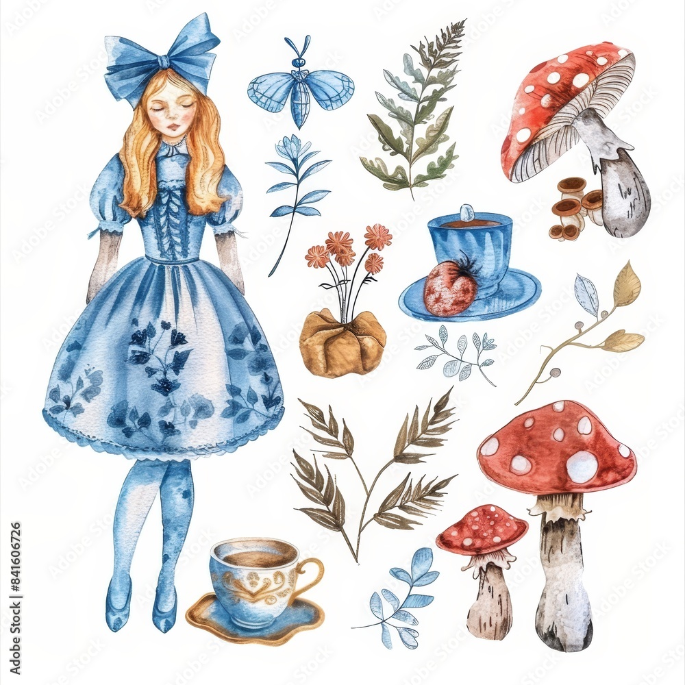 Whimsical illustration of enchanting watercolor clipart set of Alice in ...