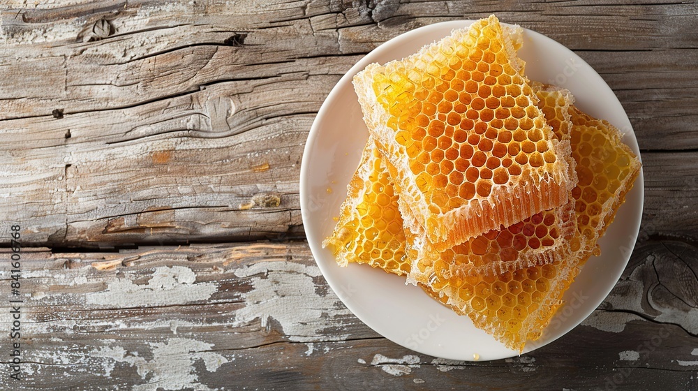 White plate with section of wax honeycomb from beehive on vintage wooden background. Generative Ai White plate with section of wax honeycomb from beehive on vintage wooden background. Generative Ai