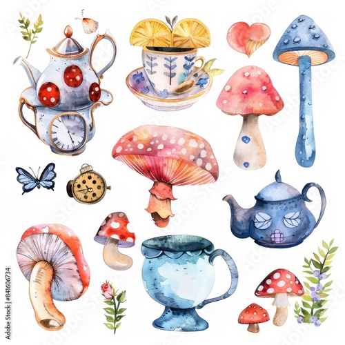 Whimsical Watercolor Alice in Wonderland Inspired Collection on White Background Illustration.