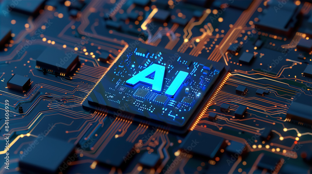 Neon blue glowing AI letters on computer chip. Motherboard circuit, sophisticated electronic processor unit. Artificial Intelligence technology. Future digital science, engineering, machine learning Neon blue glowing AI letters on computer chip. Motherboard circuit, sophisticated electronic processor unit. Artificial Intelligence technology. Future digital science, engineering, machine learning