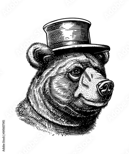 bear, wears retro top hat engraving black and white outline