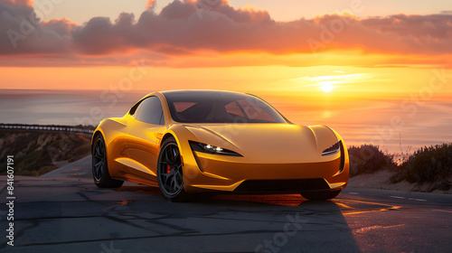 A sleek yellow sports car parked on a coastal road at sunset, capturing the vibrant hues of the sky and ocean