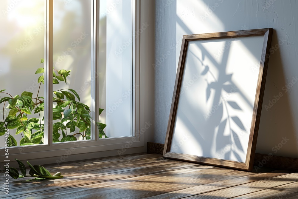 Fototapeta premium Sunlit room with a blank frame leaning against the wall, great for digital mockups and art displays