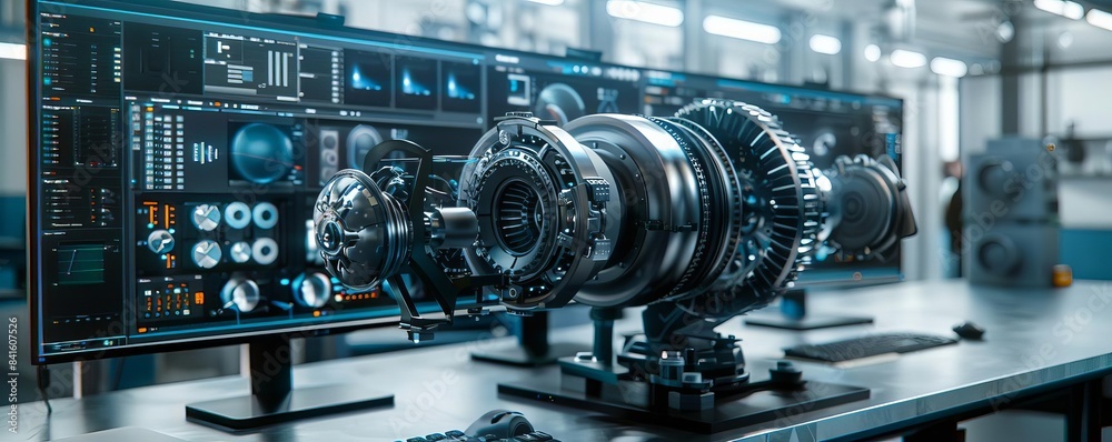 High-tech turbo machinery design in a modern lab, featuring detailed engineering schematics displayed on futuristic monitors. High-tech turbo machinery design in a modern lab, featuring detailed engineering schematics displayed on futuristic monitors.