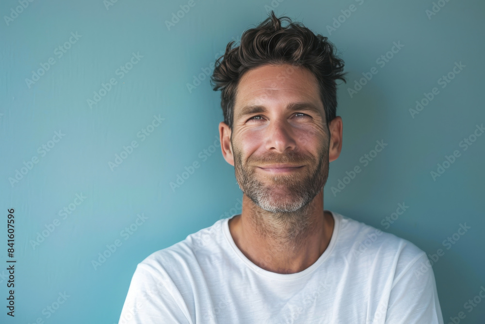 A close up portrait of a young man with a subtle smile A close up portrait of a young man with a subtle smile