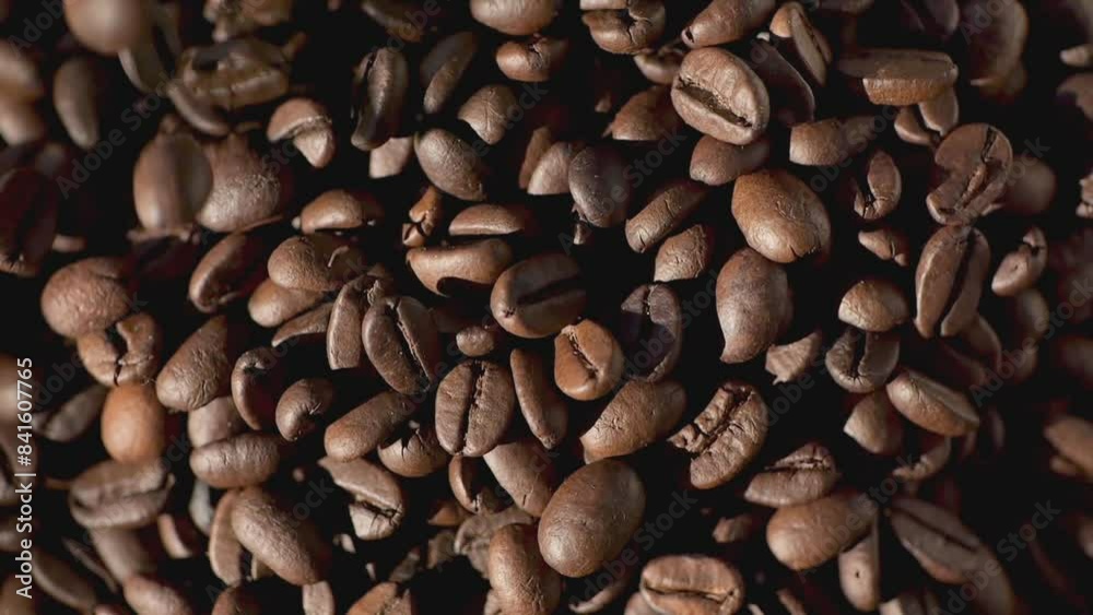 Closeup view of freshly roasted coffee beans falling into a heap, revealing their vibrant color and texture Closeup view of freshly roasted coffee beans falling into a heap, revealing their vibrant color and texture