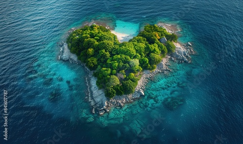 Aerial view of heart shaped island in ocean