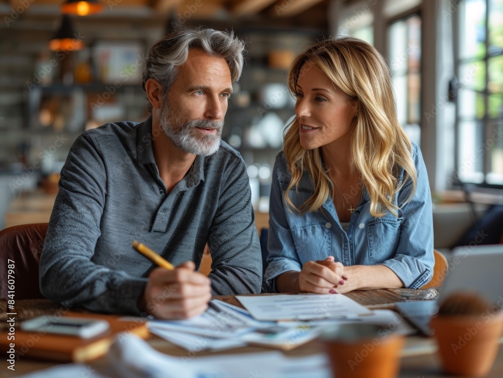 Planning for Retirement: Middle-Aged Couple Consulting with Financial Advisor in High-Resolution Digital Artwork Planning for Retirement: Middle-Aged Couple Consulting with Financial Advisor in High-Resolution Digital Artwork