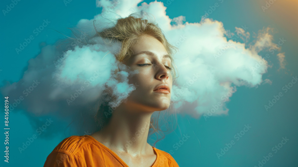 Woman in orange shirt with a cloud around her head Woman in orange shirt with a cloud around her head