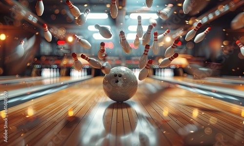 The bowling ball flies and smashes the pins. Bowling game photo
