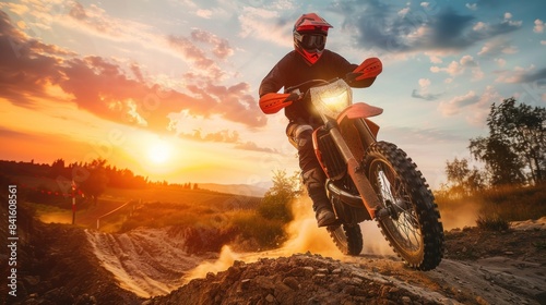 dirt bike racer action through extreme jump terrain at sunset. AI generated